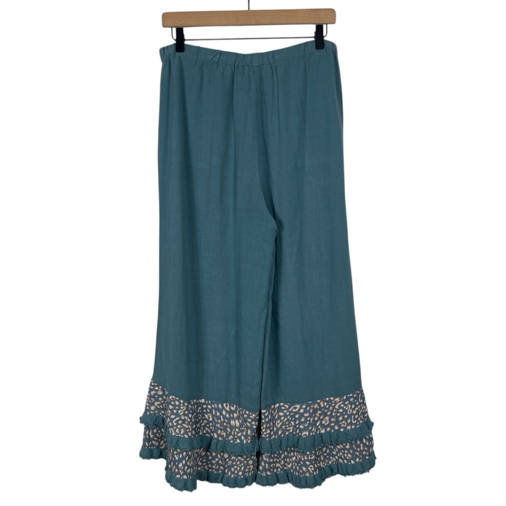Umgee Wide Leg Pants Ruffle Hem Linen Cotton Teal Size Medium - Picture 6 of 9